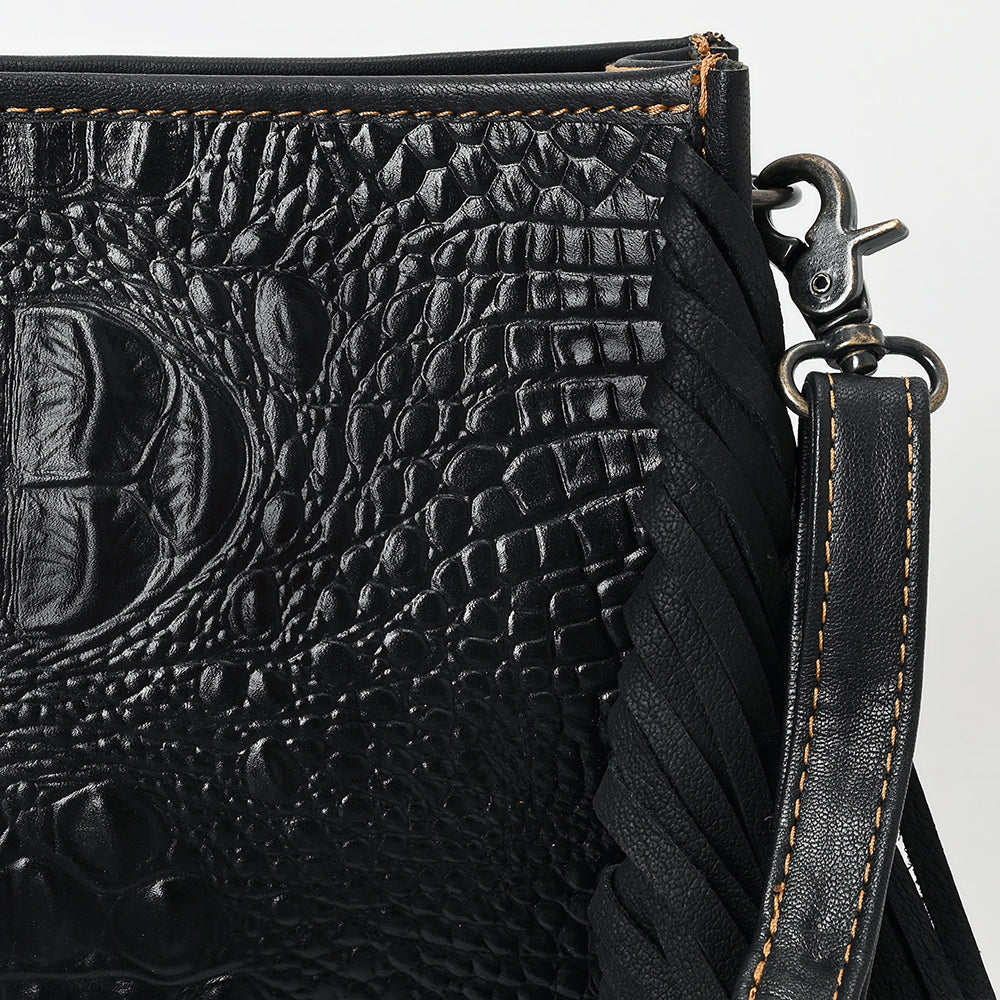 ADBG1579 American Darling Western Genuine Leather Cross Body Bag with Fringes and Crocodile Embossed Detailing