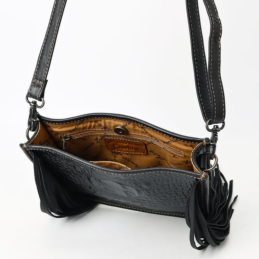 ADBG1579 American Darling Western Genuine Leather Cross Body Bag with Fringes and Crocodile Embossed Detailing