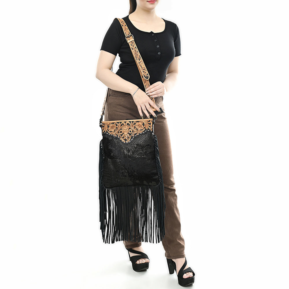 ADBG1580 American Darling Western Genuine Crocodile Embossed Leather Large Crossbody Bag with Fringe and Hand-Tooled Detailing