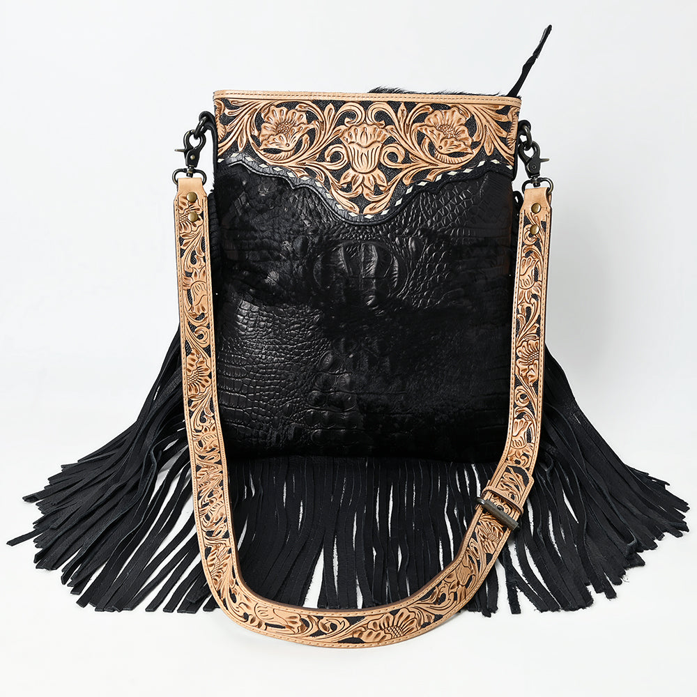 ADBG1580 American Darling Western Genuine Crocodile Embossed Leather Large Crossbody Bag with Fringe and Hand-Tooled Detailing