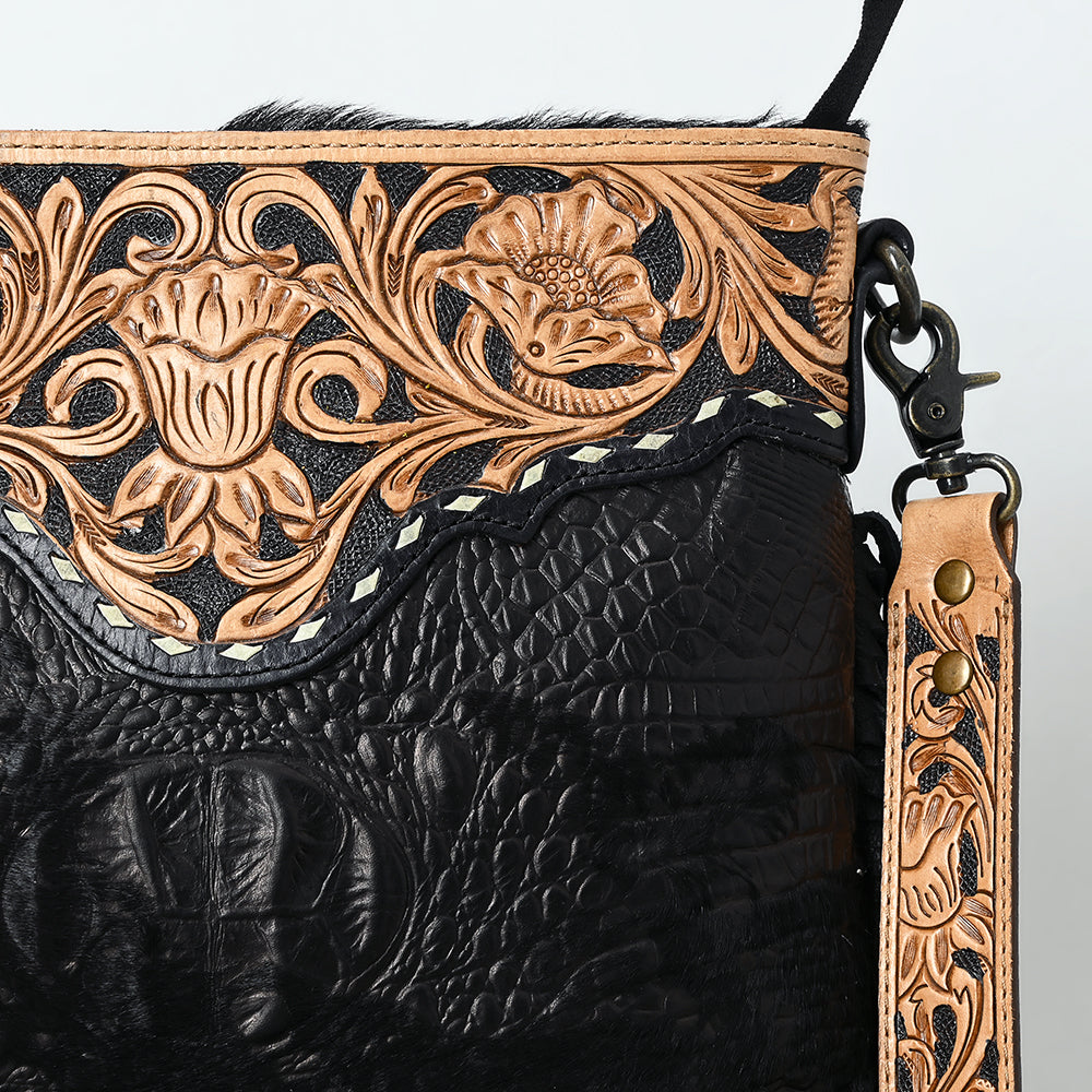 ADBG1580 American Darling Western Genuine Crocodile Embossed Leather Large Crossbody Bag with Fringe and Hand-Tooled Detailing