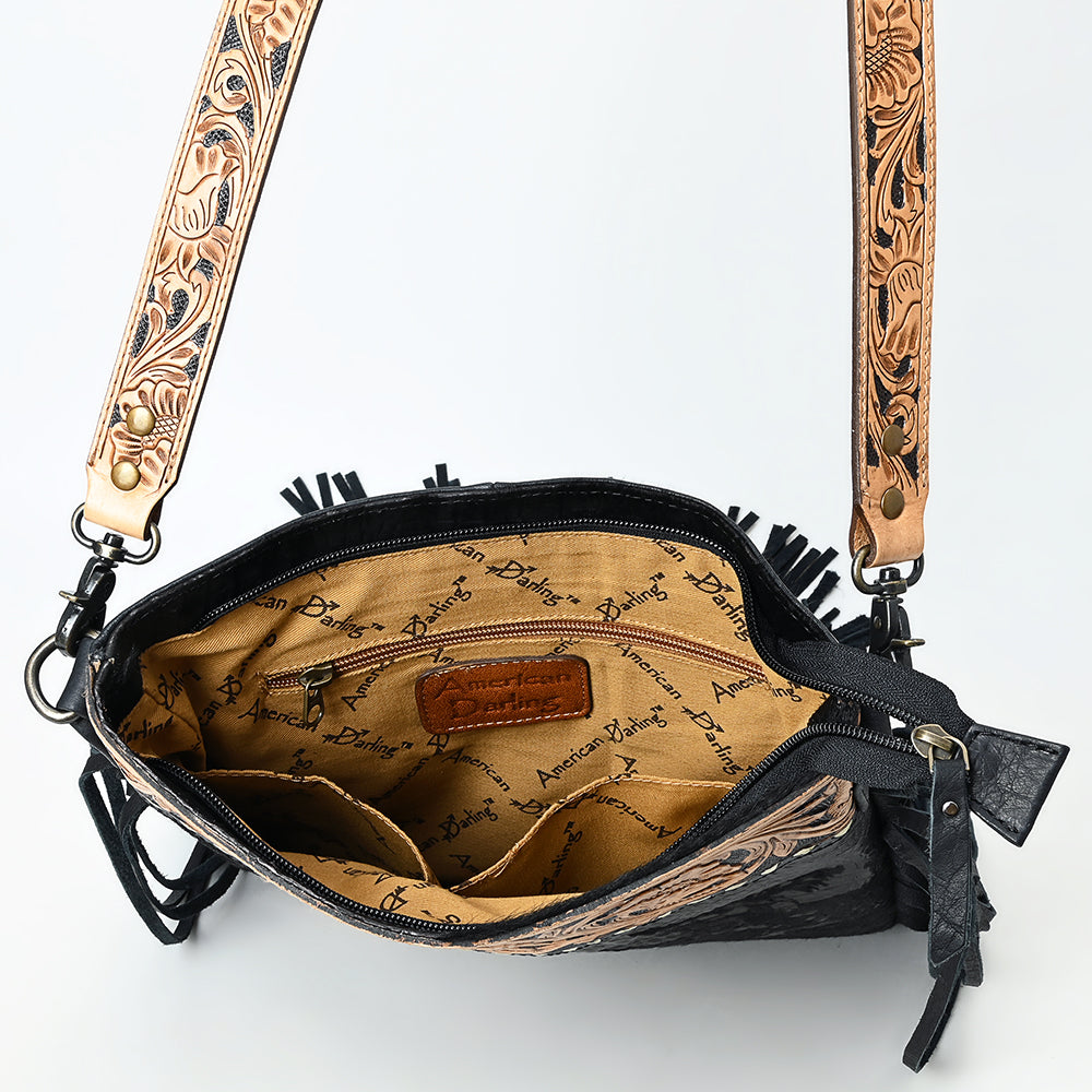 ADBG1580 American Darling Western Genuine Crocodile Embossed Leather Large Crossbody Bag with Fringe and Hand-Tooled Detailing