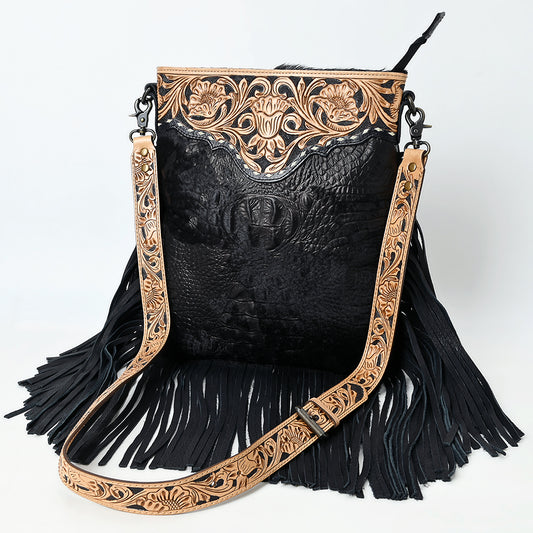 ADBG1580 American Darling Western Genuine Crocodile Embossed Leather Large Crossbody Bag with Fringe and Hand-Tooled Detailing