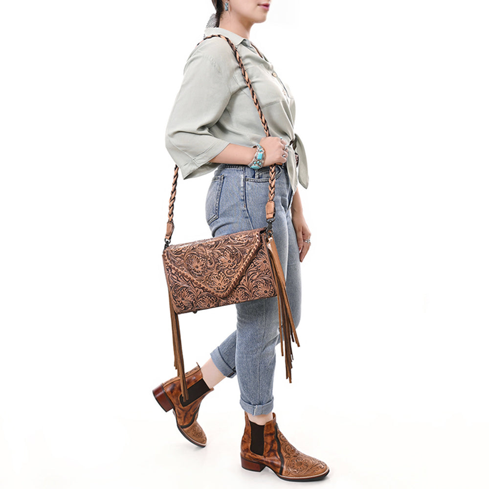 ADBG1581 Hand-Tooled Leather Envelope Clutch - Western Envelope with Braided Strap & Fringe