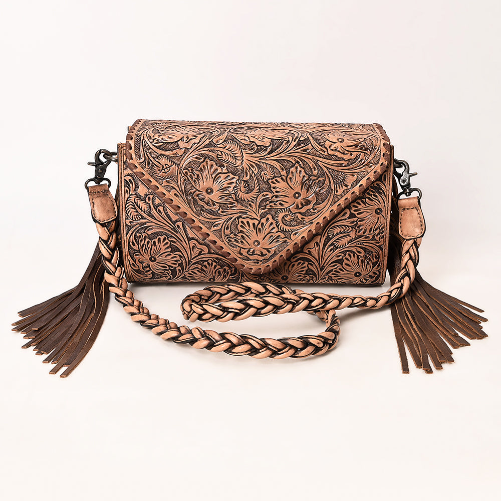 ADBG1581 Hand-Tooled Leather Envelope Clutch - Western Envelope with Braided Strap & Fringe