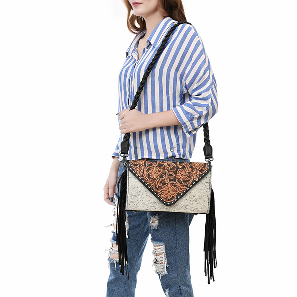 ADBG1582 Cowhide & Tooled Leather Envelope Clutch - Western Crossbody with Braided Strap & Fringe