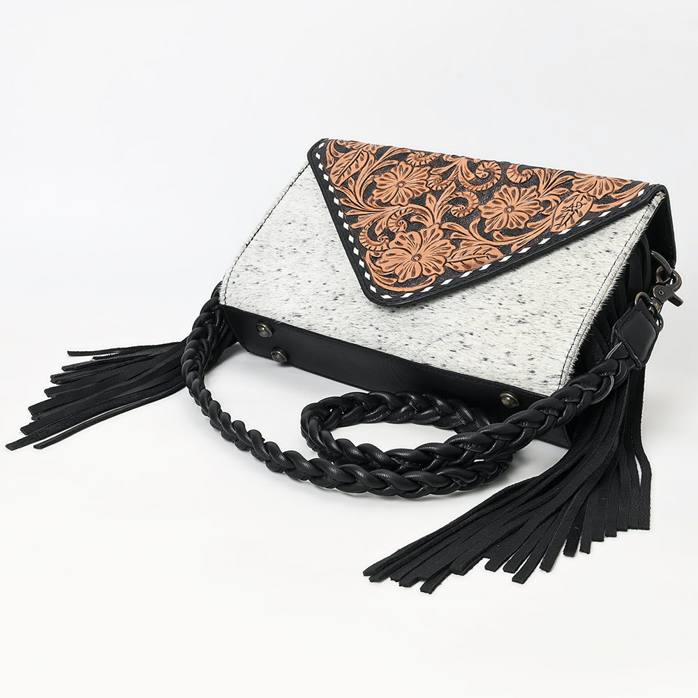 ADBG1582 Cowhide & Tooled Leather Envelope Clutch - Western Crossbody with Braided Strap & Fringe