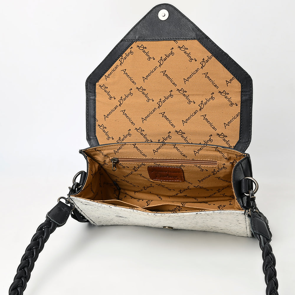 ADBG1582 Cowhide & Tooled Leather Envelope Clutch - Western Crossbody with Braided Strap & Fringe