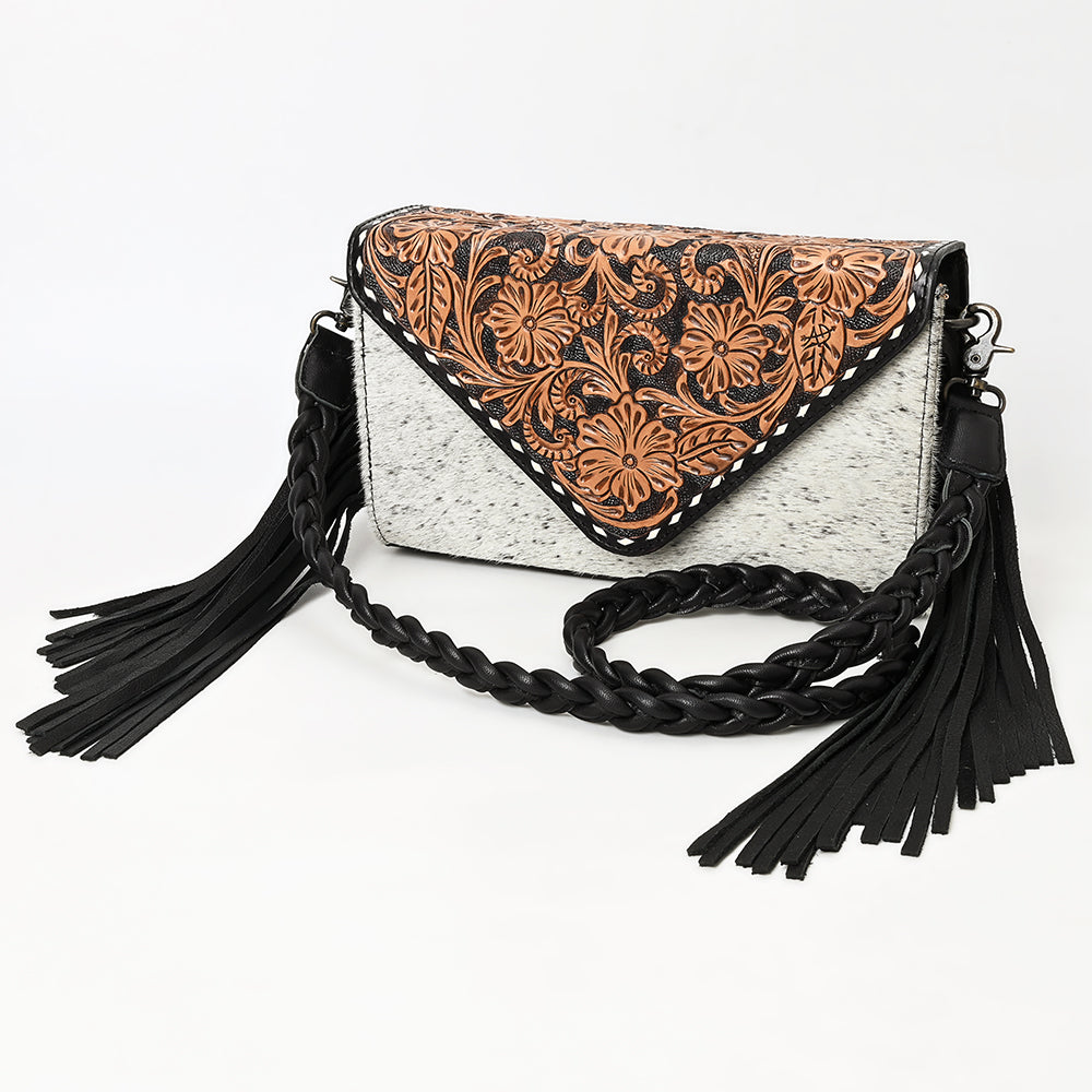 ADBG1582 Cowhide & Tooled Leather Envelope Clutch - Western Crossbody with Braided Strap & Fringe
