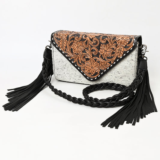 ADBG1582 Cowhide & Tooled Leather Envelope Clutch - Western Crossbody with Braided Strap & Fringe
