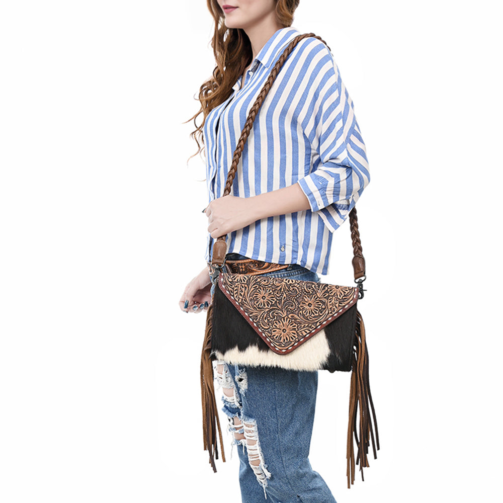 ADBG1582 Cowhide & Tooled Leather Envelope Clutch - Western Crossbody with Braided Strap & Fringe