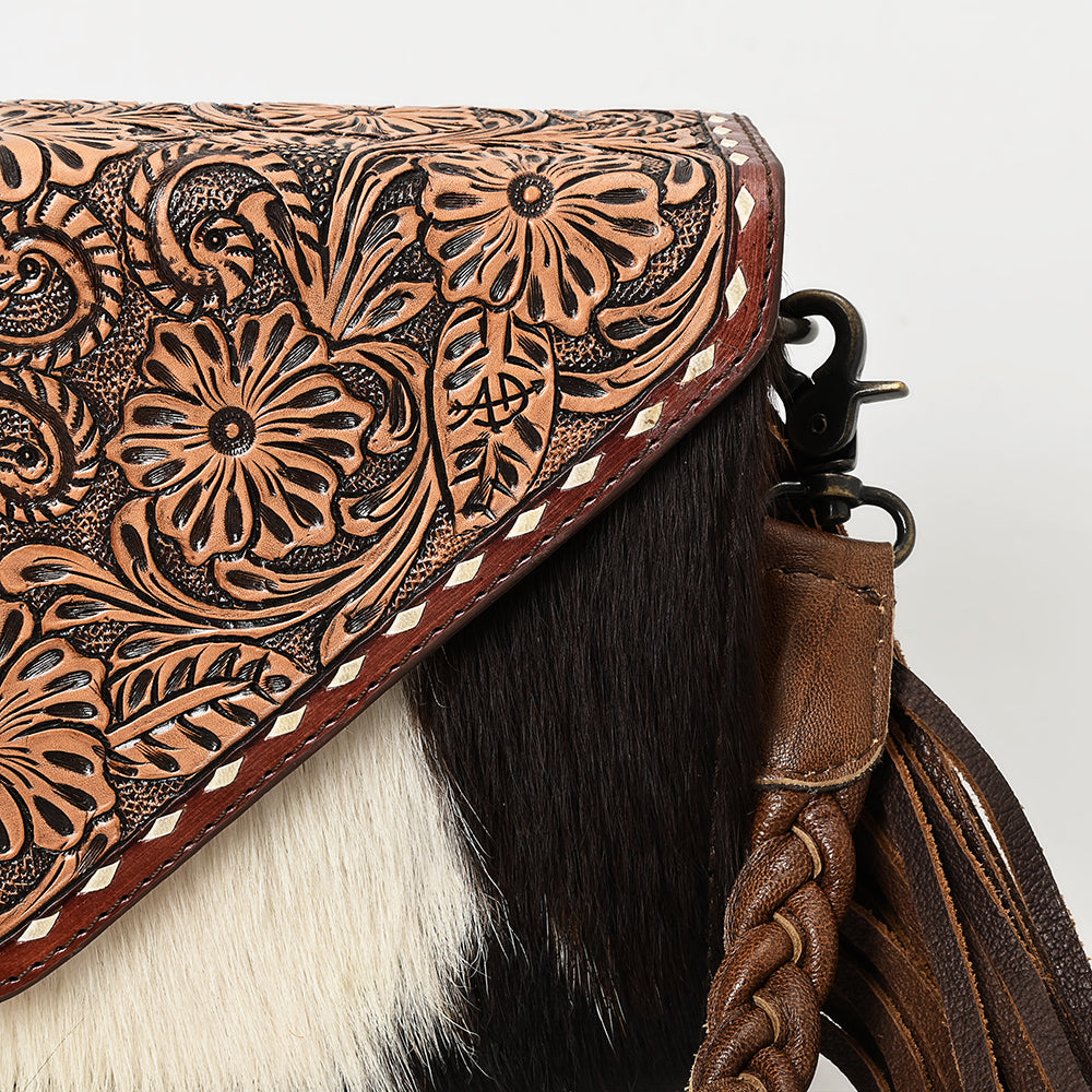 ADBG1582 Cowhide & Tooled Leather Envelope Clutch - Western Crossbody with Braided Strap & Fringe