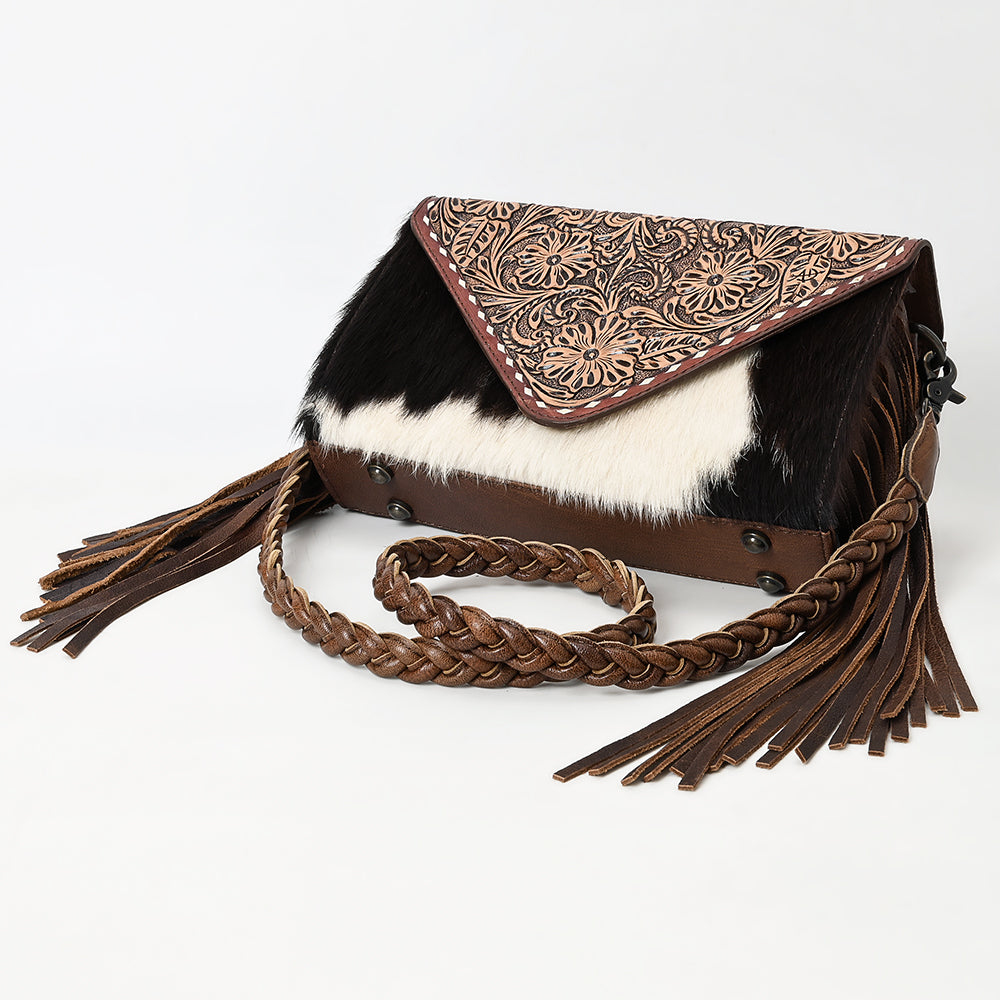 ADBG1582 Cowhide & Tooled Leather Envelope Clutch - Western Crossbody with Braided Strap & Fringe