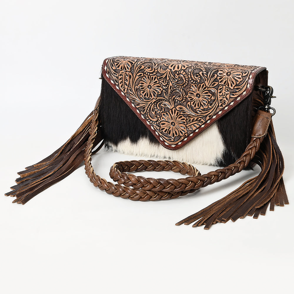 ADBG1582 Cowhide & Tooled Leather Envelope Clutch - Western Crossbody with Braided Strap & Fringe