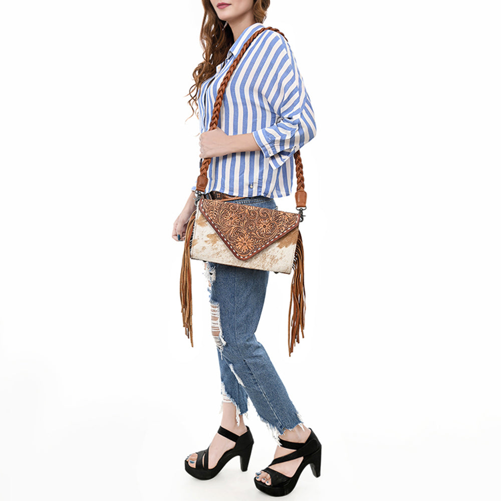 ADBG1582 Cowhide & Tooled Leather Envelope Clutch - Western Crossbody with Braided Strap & Fringe