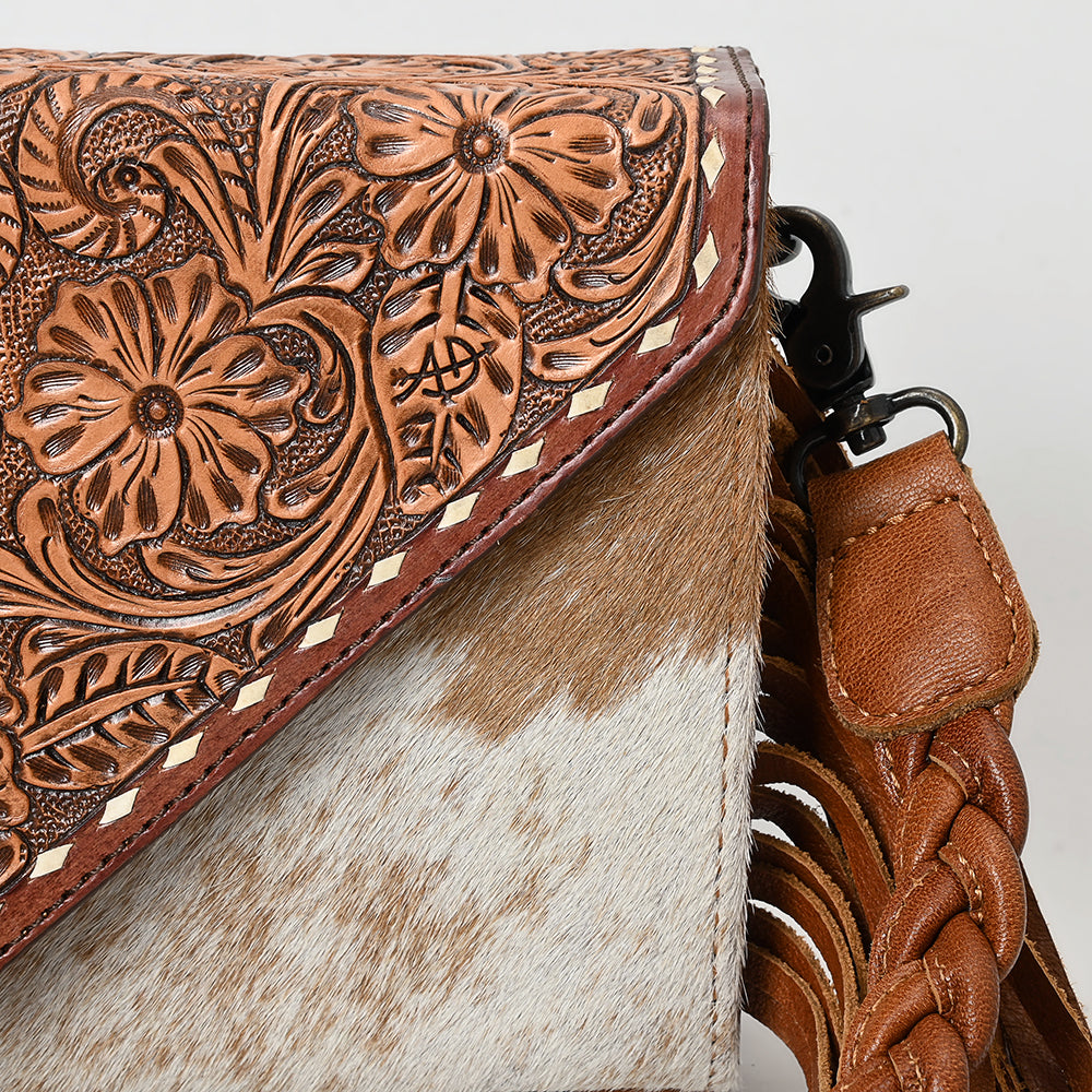 ADBG1582 Cowhide & Tooled Leather Envelope Clutch - Western Crossbody with Braided Strap & Fringe