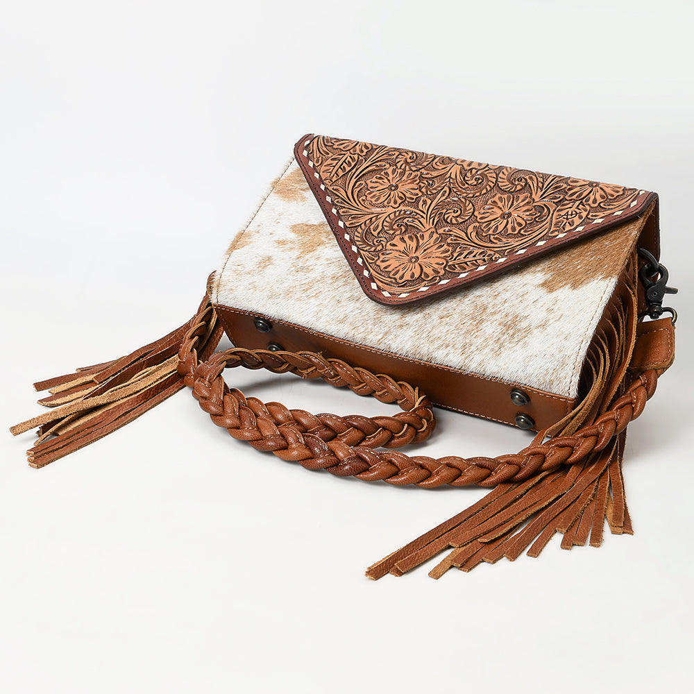 ADBG1582 Cowhide & Tooled Leather Envelope Clutch - Western Crossbody with Braided Strap & Fringe