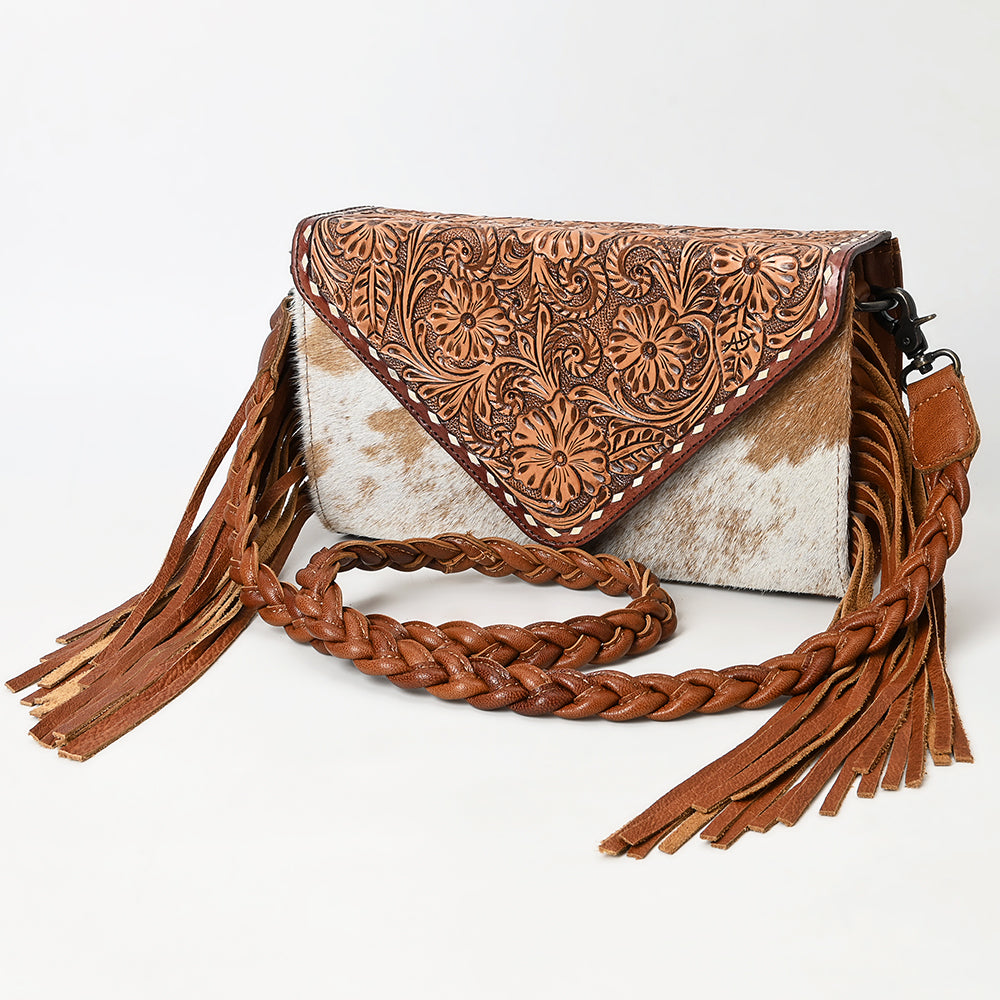 ADBG1582 Cowhide & Tooled Leather Envelope Clutch - Western Crossbody with Braided Strap & Fringe