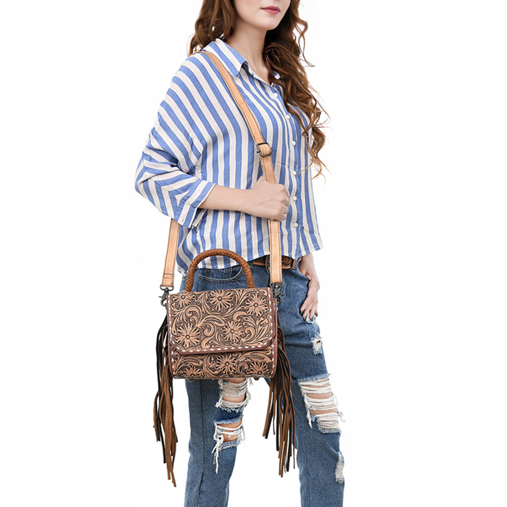 ADBG1583 American Darling Hand-Tooled Western Leather Messenger Bag with Fringe & Carved Floral Detailing