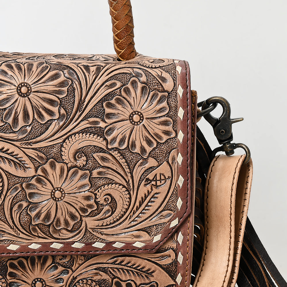 ADBG1583 American Darling Hand-Tooled Western Leather Messenger Bag with Fringe & Carved Floral Detailing