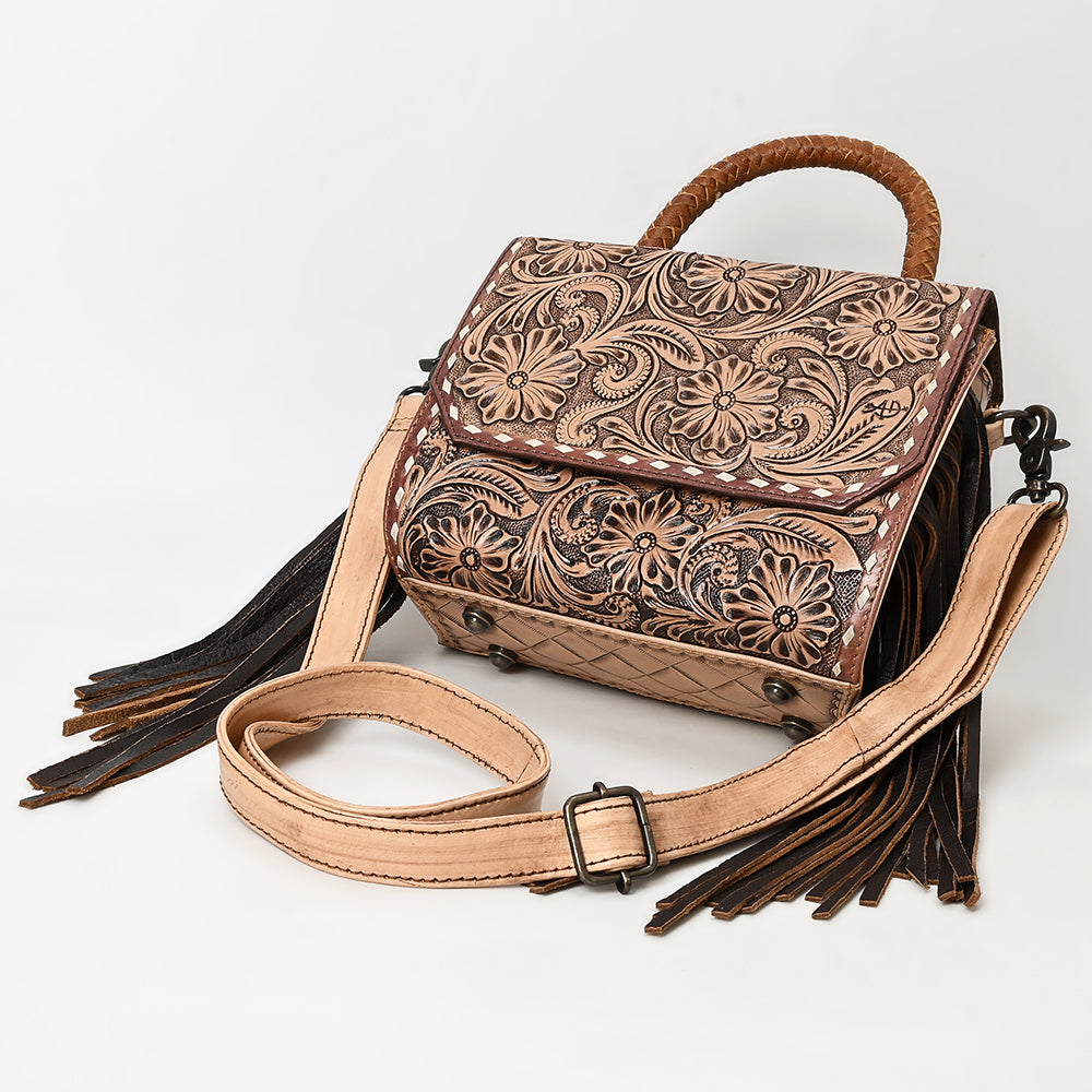 ADBG1583 American Darling Hand-Tooled Western Leather Messenger Bag with Fringe & Carved Floral Detailing