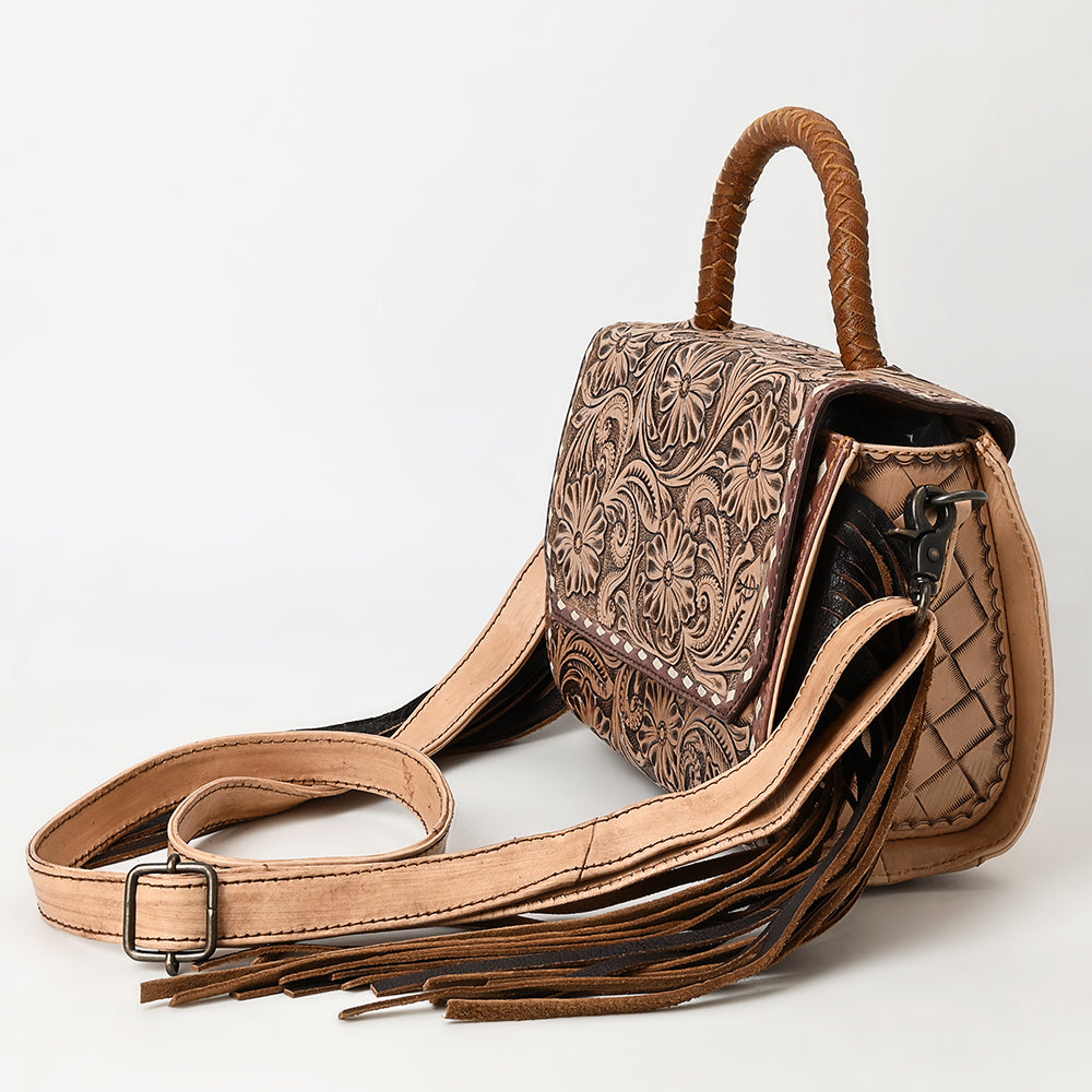 ADBG1583 American Darling Hand-Tooled Western Leather Messenger Bag with Fringe & Carved Floral Detailing