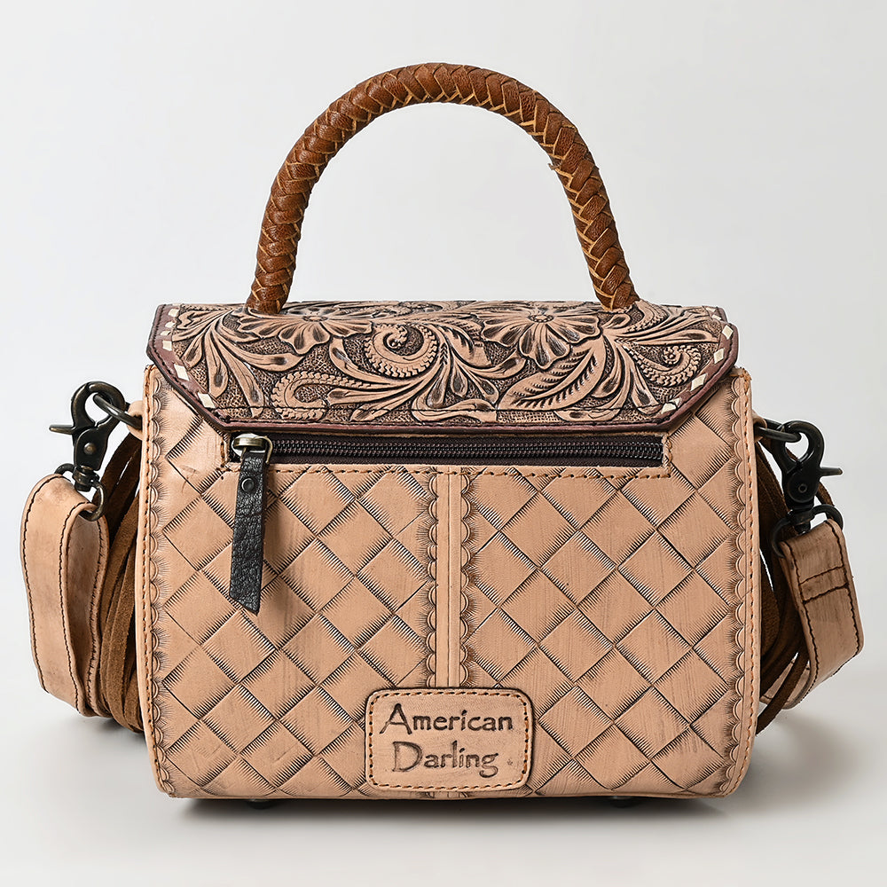 ADBG1583 American Darling Hand-Tooled Western Leather Messenger Bag with Fringe & Carved Floral Detailing