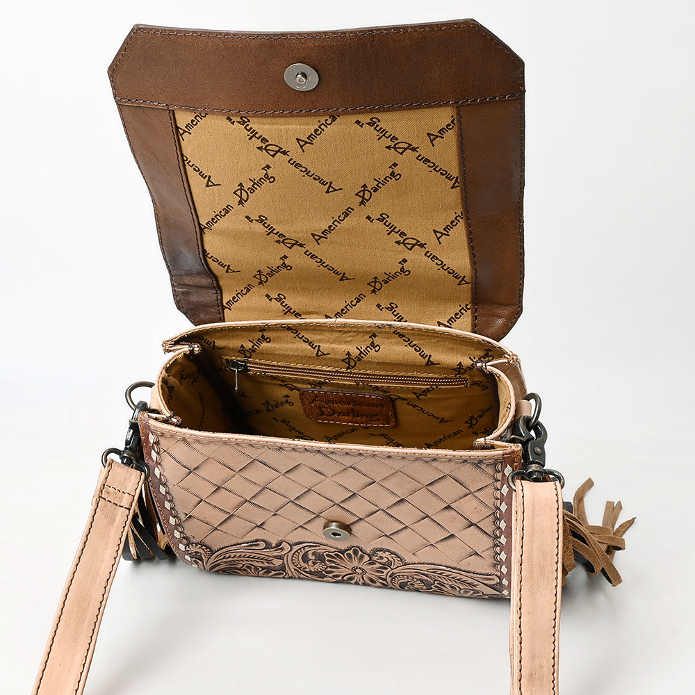 ADBG1583 American Darling Hand-Tooled Western Leather Messenger Bag with Fringe & Carved Floral Detailing