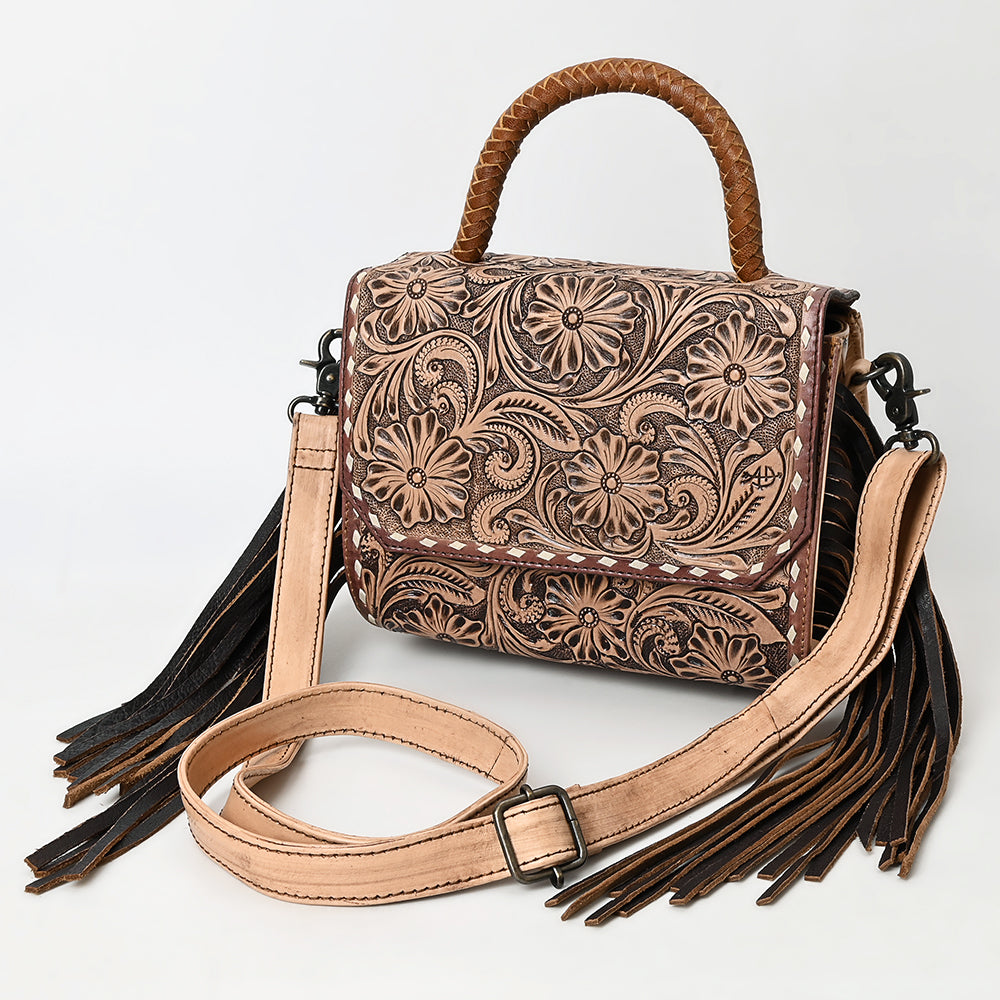 ADBG1583 American Darling Hand-Tooled Western Leather Messenger Bag with Fringe & Carved Floral Detailing