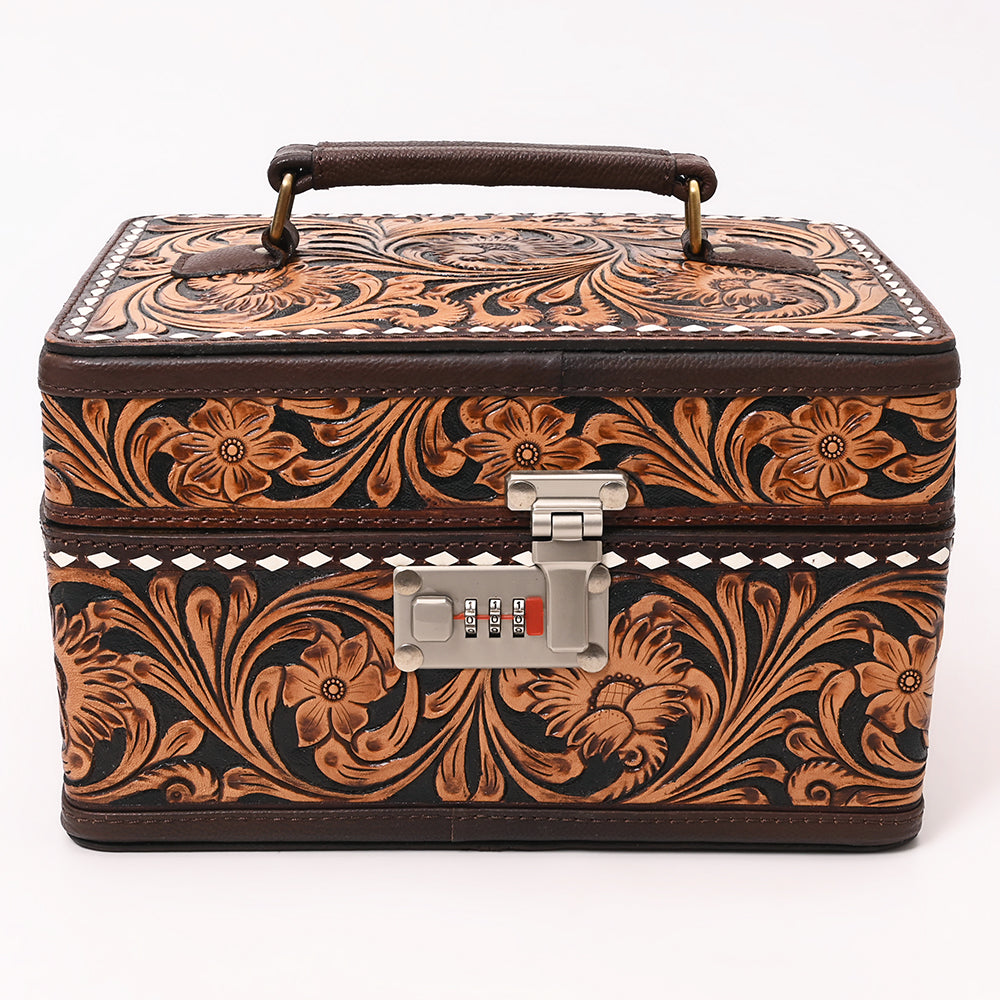 ADBGA634 Tooled Leather Lockbox with Floral Scrollwork & White Lacing-Combination Lock