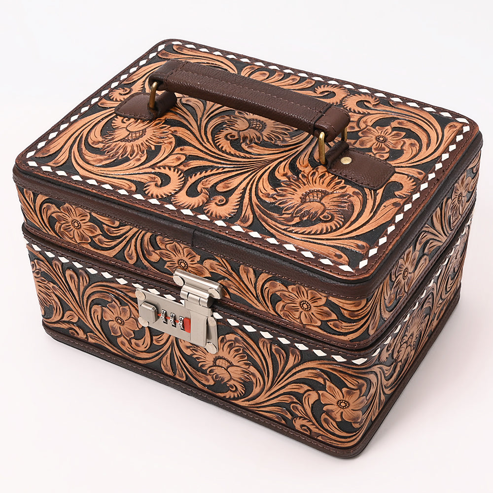 ADBGA634 Tooled Leather Lockbox with Floral Scrollwork & White Lacing-Combination Lock