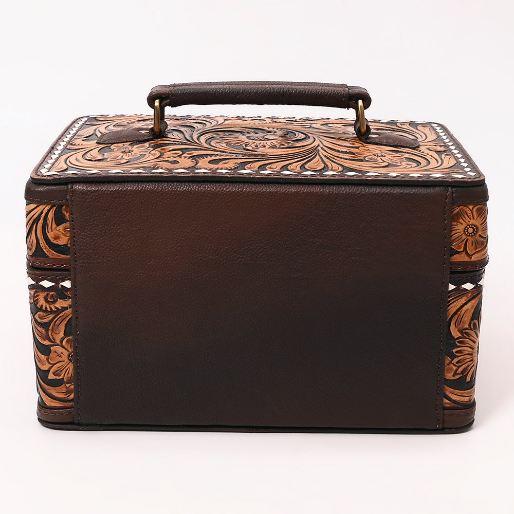 ADBGA634 Tooled Leather Lockbox with Floral Scrollwork & White Lacing-Combination Lock