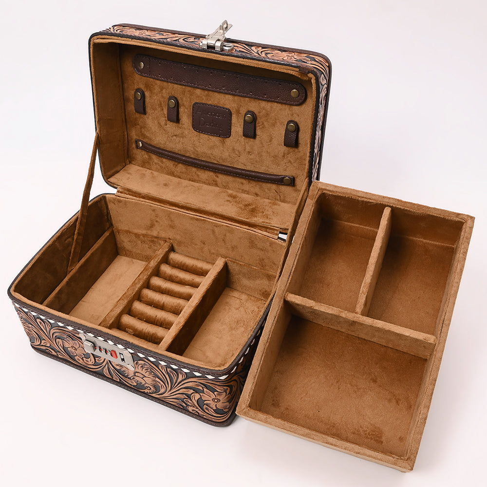 ADBGA634 Tooled Leather Lockbox with Floral Scrollwork & White Lacing-Combination Lock
