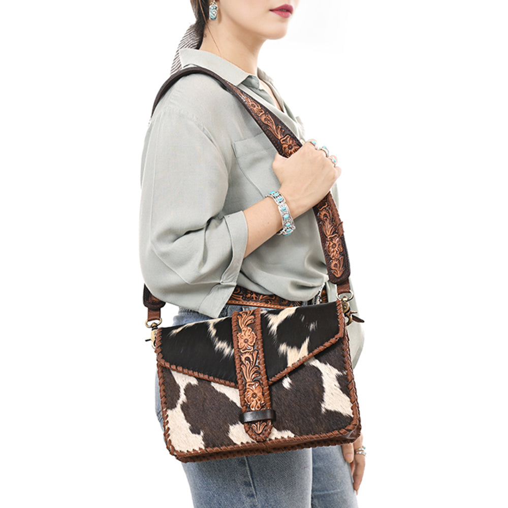 ADBGA635 Hair-On Cowhide Crossbody Bag with Tooled Leather Strap & Trim