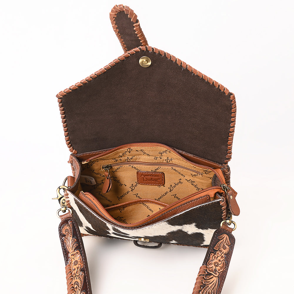 ADBGA635 Hair-On Cowhide Crossbody Bag with Tooled Leather Strap & Trim