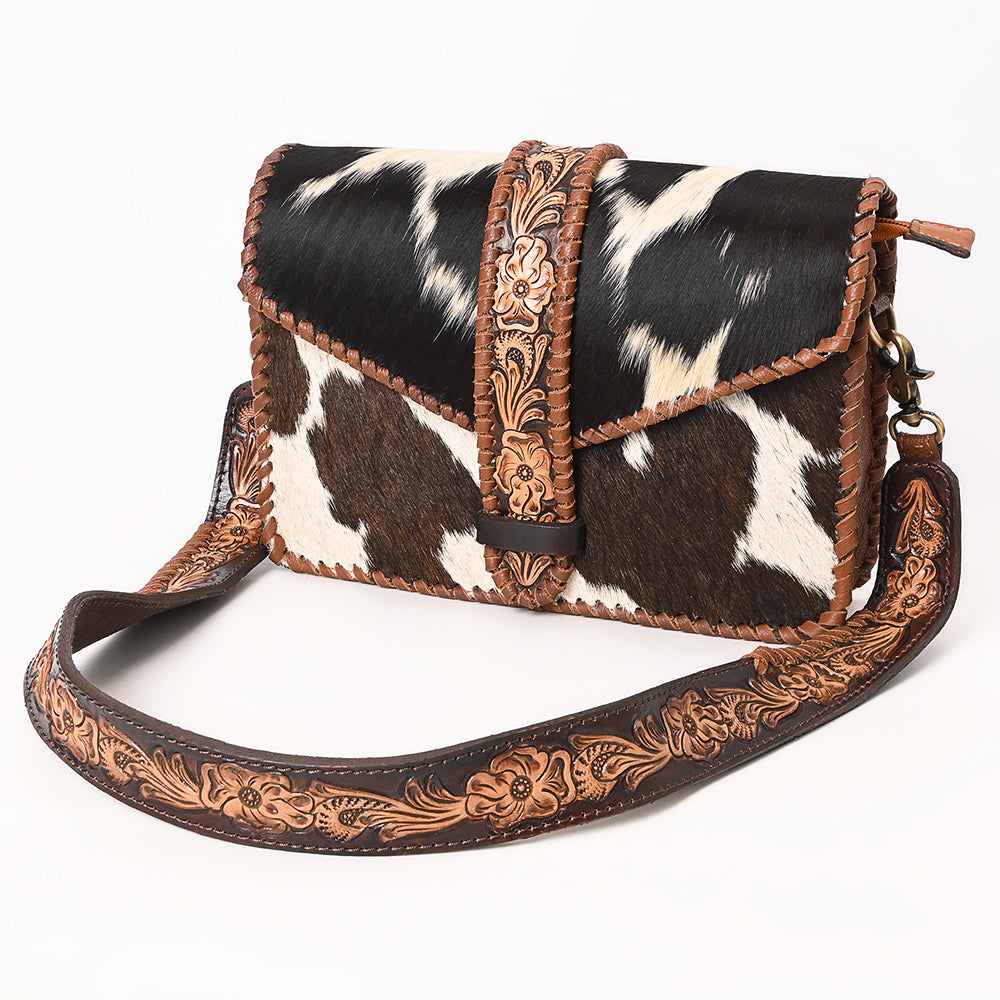 ADBGA635 Hair-On Cowhide Crossbody Bag with Tooled Leather Strap & Trim