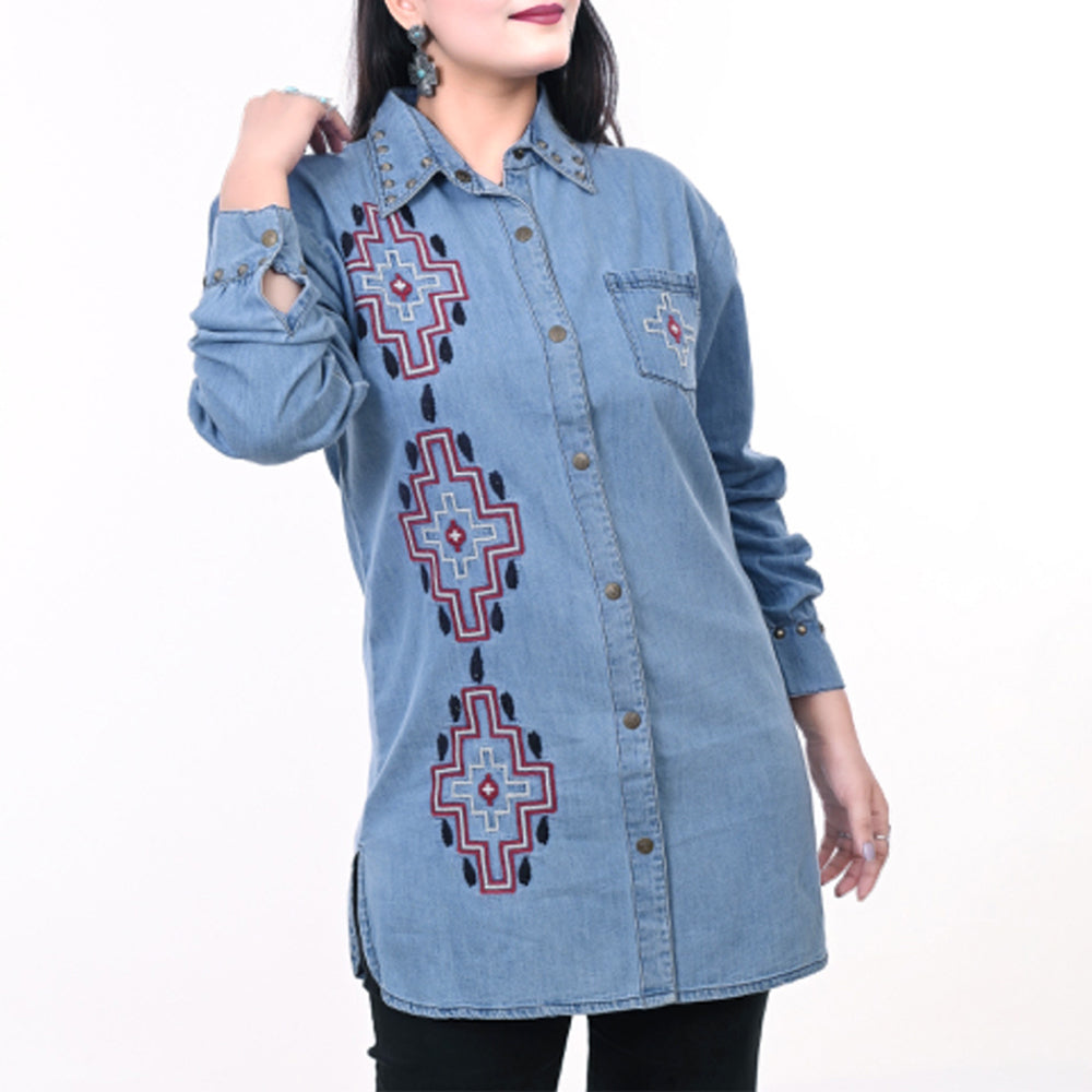 ADDR017 Women's Western Denim Shirt Dress with Embroidered Aztec Pattern