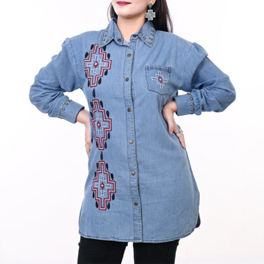 ADDR017 Women's Western Denim Shirt Dress with Embroidered Aztec Pattern