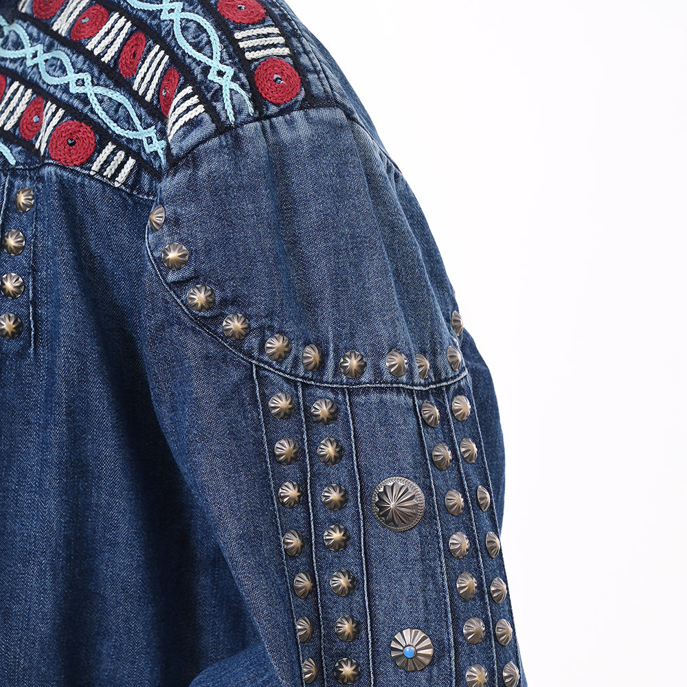 ADDR019 American Darling Boho Denim Tunic Aztec Smocked Studded Sleeve