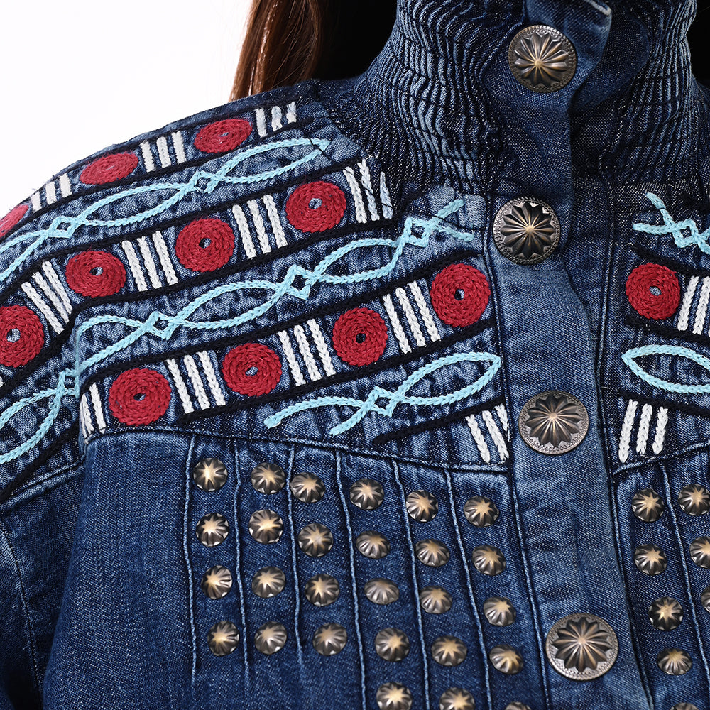 ADDR019 Women's Western Denim Tunic with Studded Sleeves & Tribal Embroidery