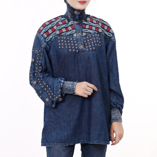 ADDR019 Women's Western Denim Tunic with Studded Sleeves & Tribal Embroidery