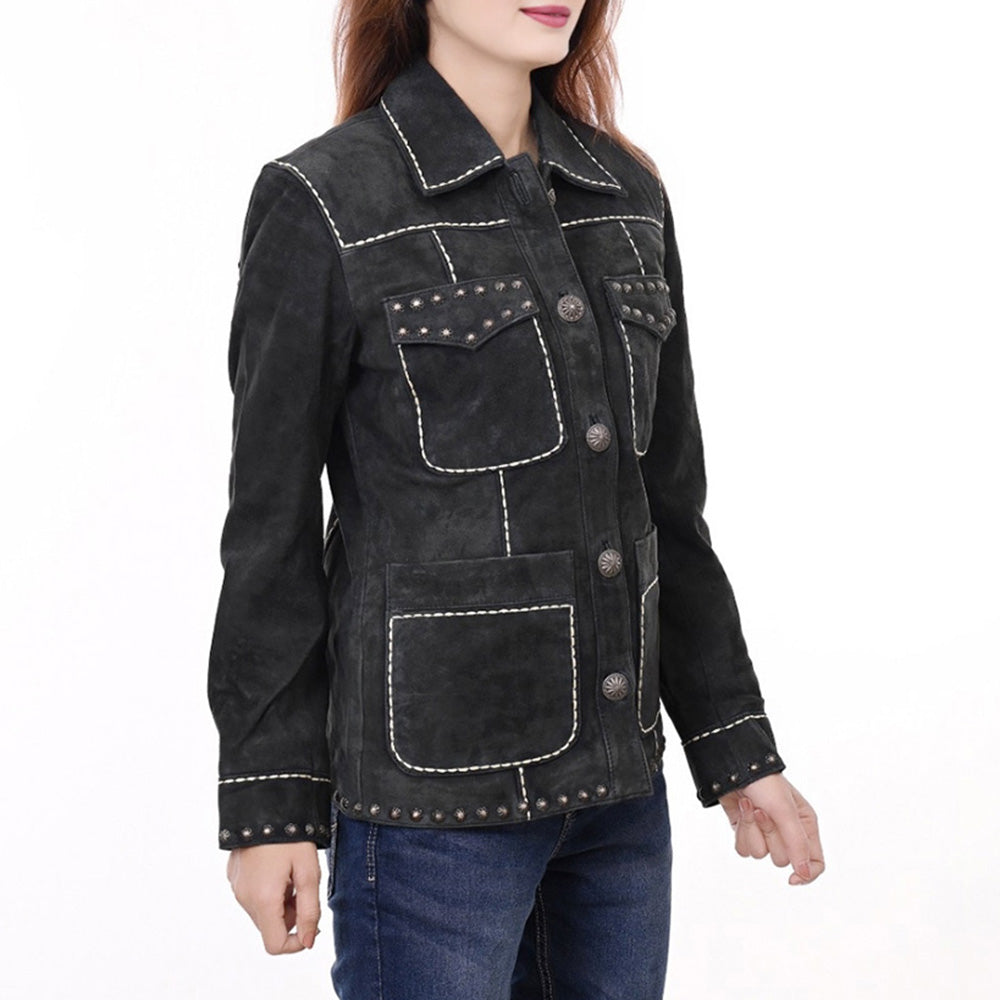 ADJKTLTR018 Genuine Leather Women Shirt Jacket Dress