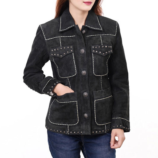 ADJKTLTR018 Genuine Leather Women Shirt Jacket Dress