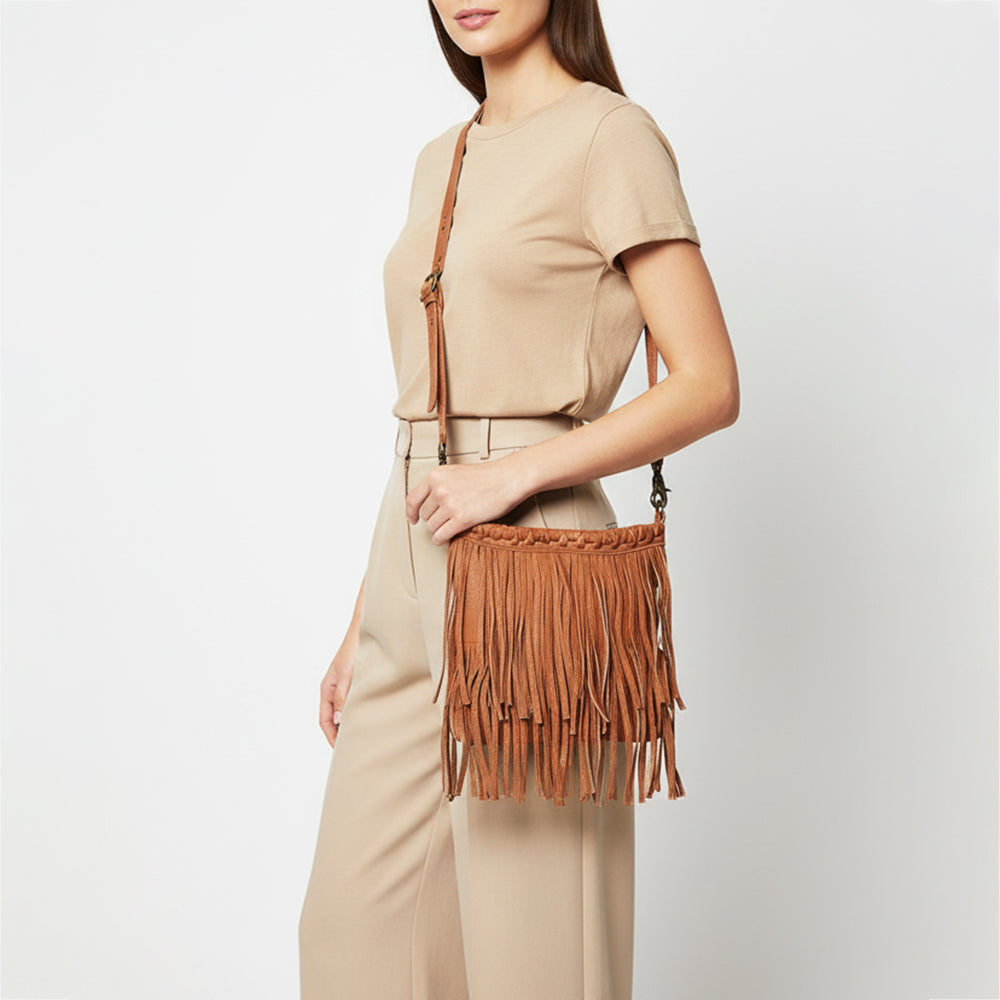 ADBGM482 Leather Fringe Crossbody Bag - Western Braided Top with Studded Strap
