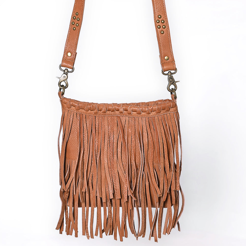 ADBGM482 Leather Fringe Crossbody Bag - Western Braided Top with Studded Strap