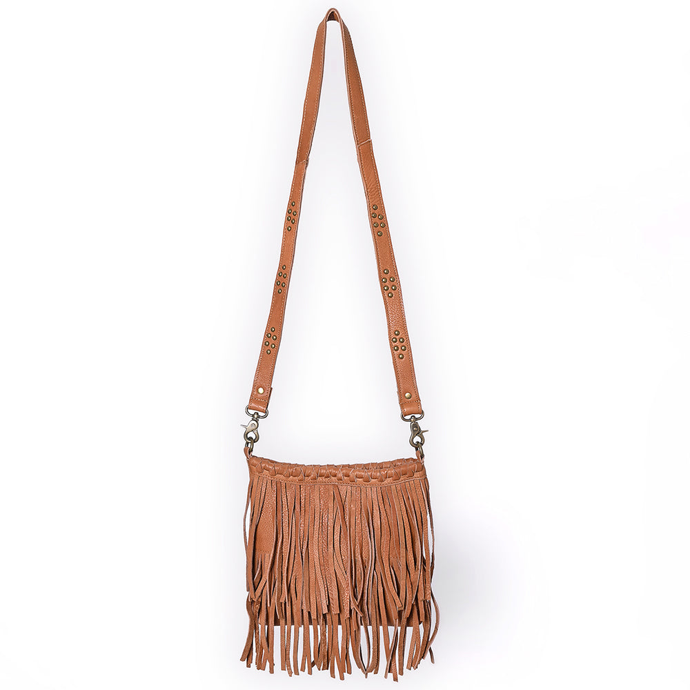 ADBGM482 Leather Fringe Crossbody Bag - Western Braided Top with Studded Strap