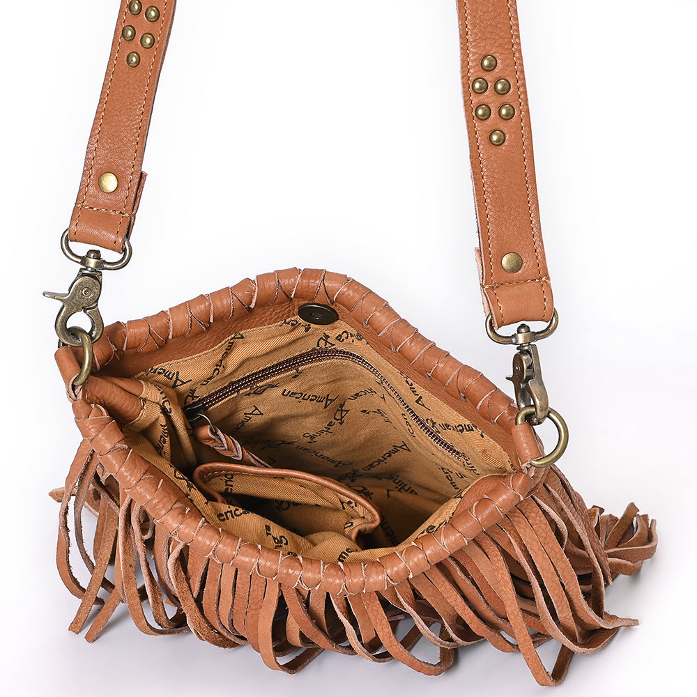 ADBGM482 Leather Fringe Crossbody Bag - Western Braided Top with Studded Strap