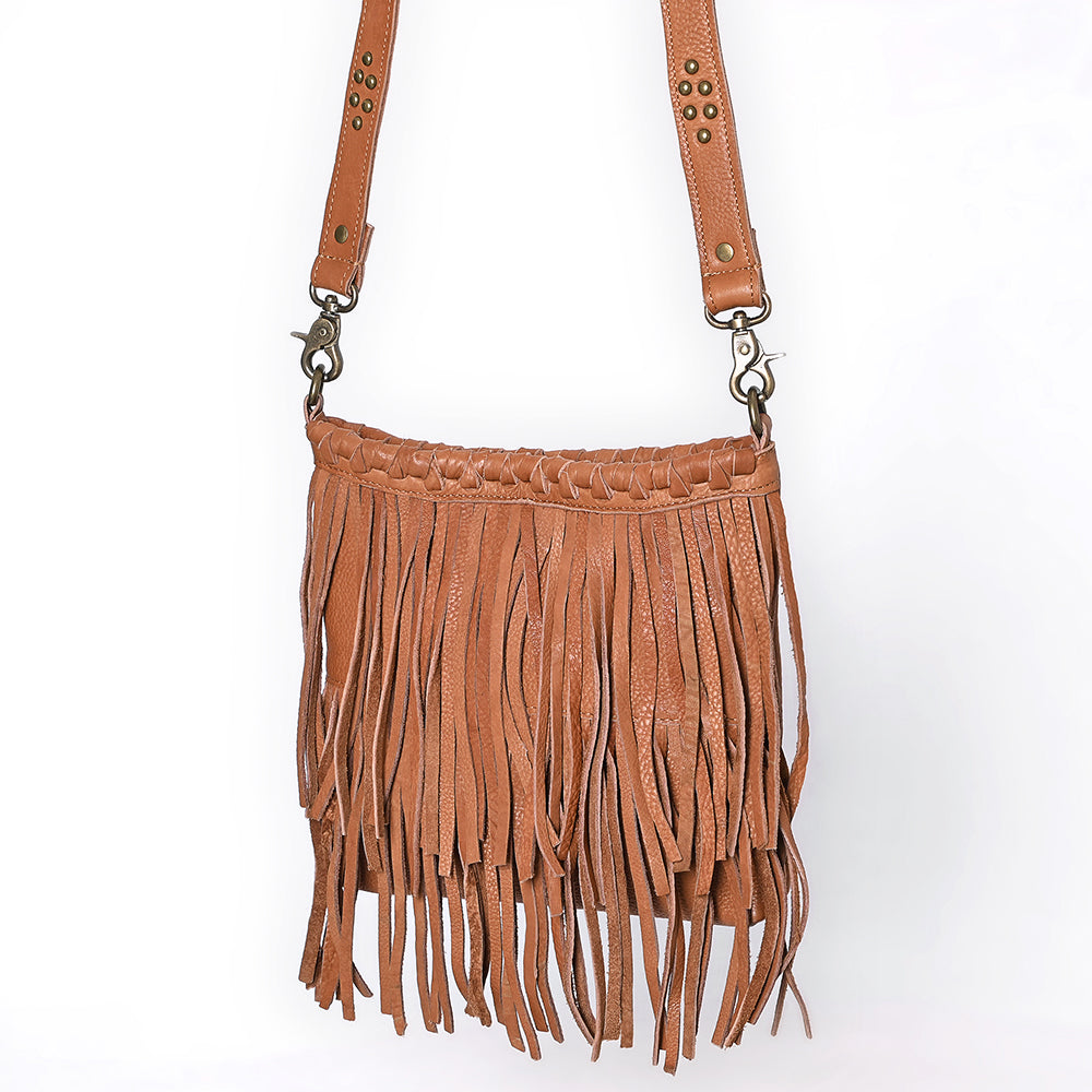 ADBGM482 Leather Fringe Crossbody Bag - Western Braided Top with Studded Strap