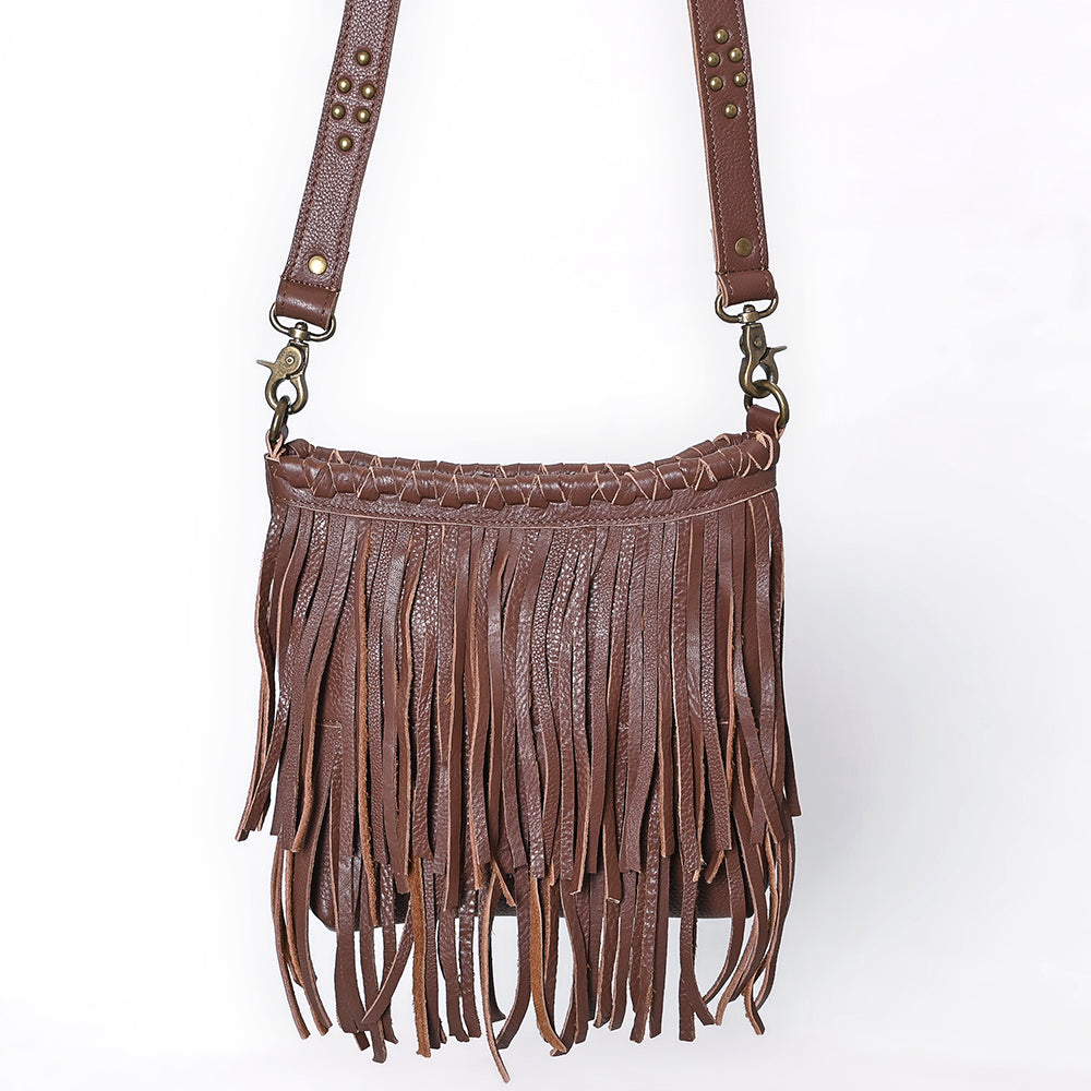 ADBGM482 Leather Fringe Crossbody Bag - Western Braided Top with Studded Strap