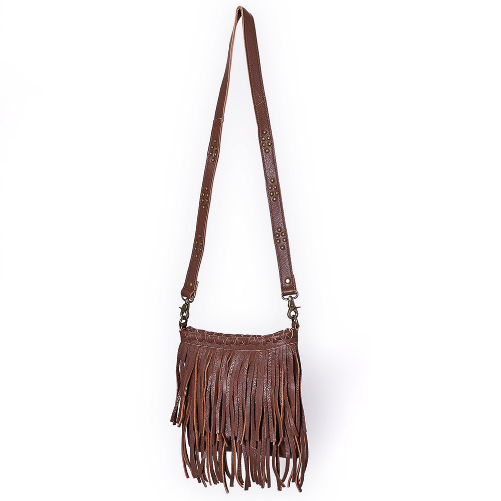 ADBGM482 Leather Fringe Crossbody Bag - Western Braided Top with Studded Strap